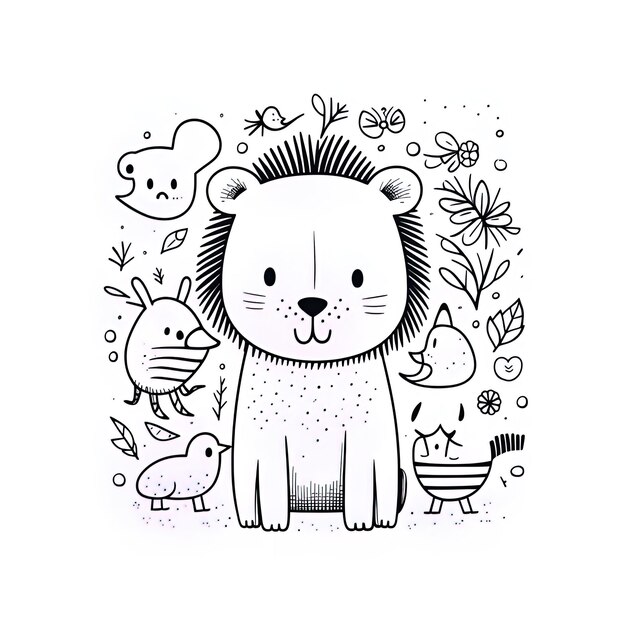 um desenho de desenho animado de um urso e patos em um jardim