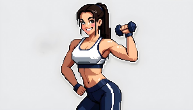 um desenho de desenho animado de uma atleta feminina com uma arte de pixel de dumbbell