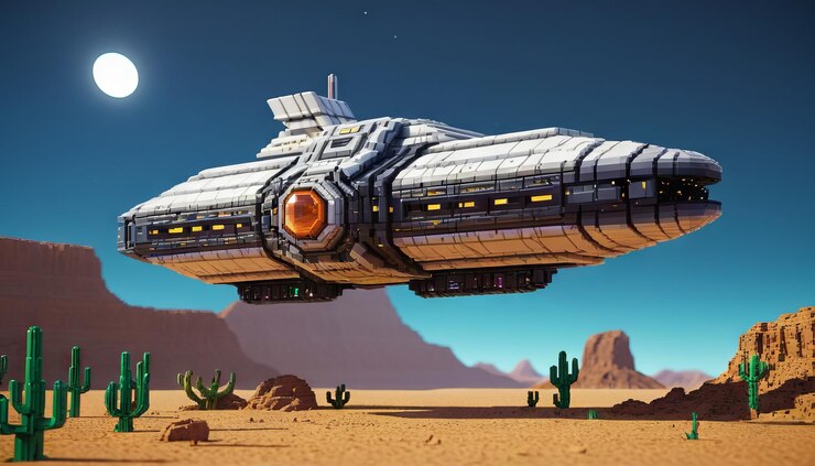 Foto um desenho de desenho animado de uma nave espacial com um cacto no fundo