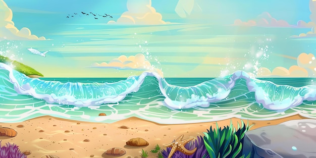 um desenho de desenho animado de uma onda que é sobre uma cena de praia