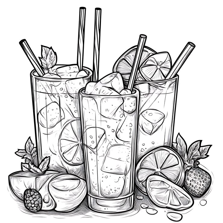 Foto um desenho de dois copos de bebidas com morangos e limões