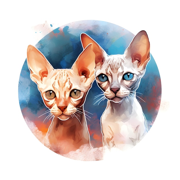 Um desenho de dois gatos com olhos azuis e um deles com olho azul.