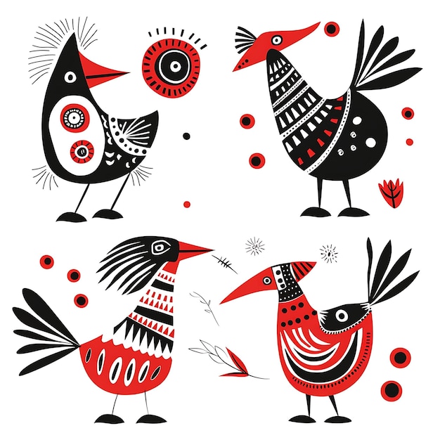 um desenho de dois pássaros com um pássaro vermelho na frente