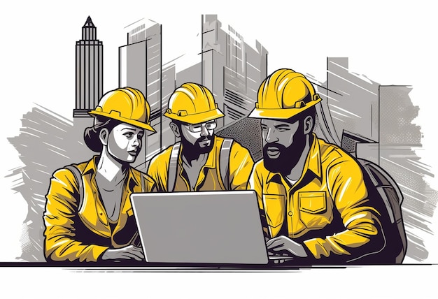 Um desenho de dois trabalhadores trabalhando em um laptop.