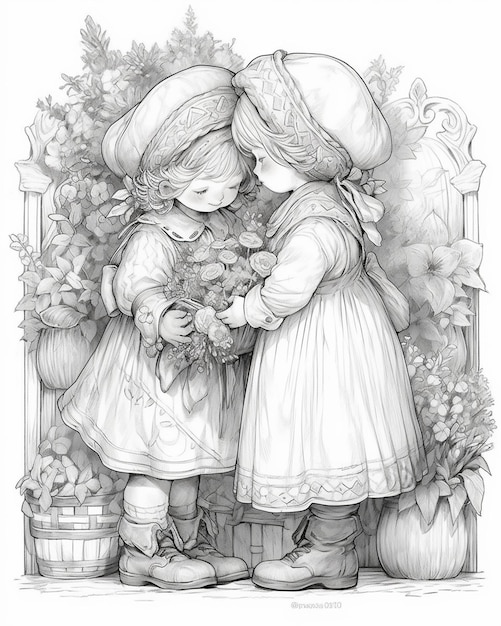 um desenho de duas crianças em vestidos e chapéus segurando animais de pelúcia
