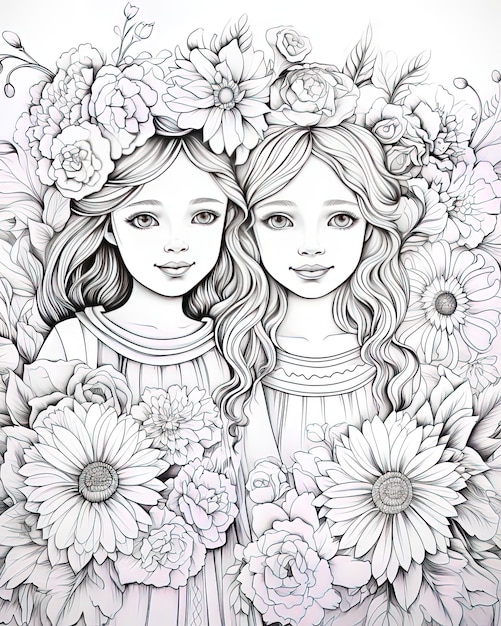 um desenho de duas meninas com flores e as palavras flores
