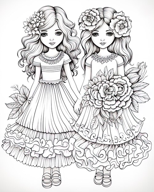 um desenho de duas meninas com flores em suas cabeças