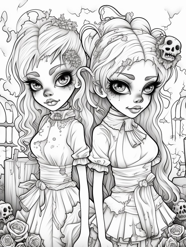 Foto um desenho de duas meninas em trajes góticos com caveiras e rosas ai generative