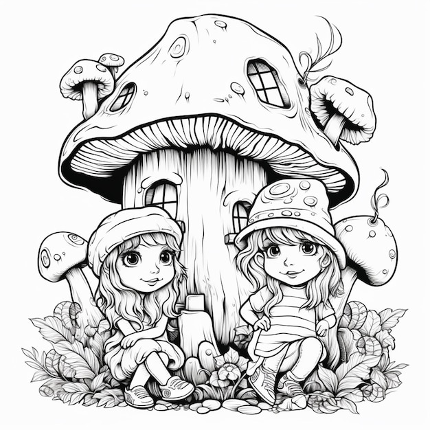 um desenho de duas meninas sentadas em frente a uma casa de cogumelo generativa ai