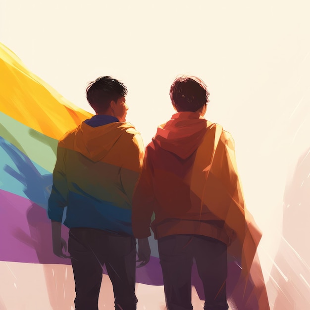 Um desenho de duas pessoas olhando para uma bandeira de arco-íris