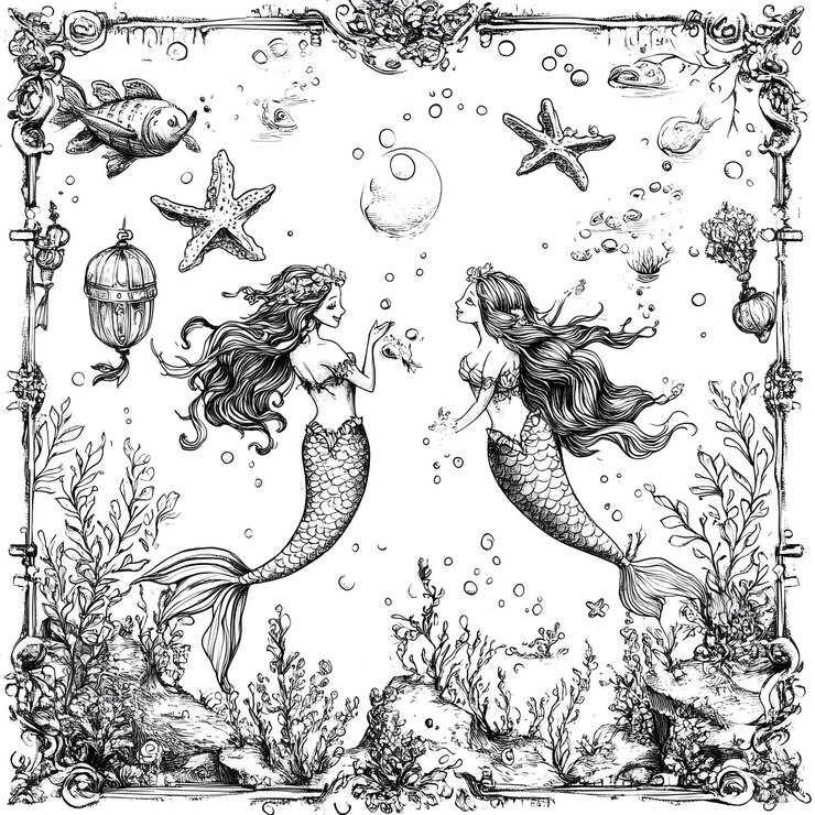 Foto um desenho de duas sereias e um peixe com as palavras sereias
