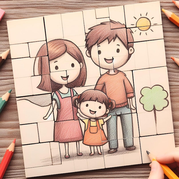 Foto um desenho de esboço de desenho de família feliz com cor e lápis de cor