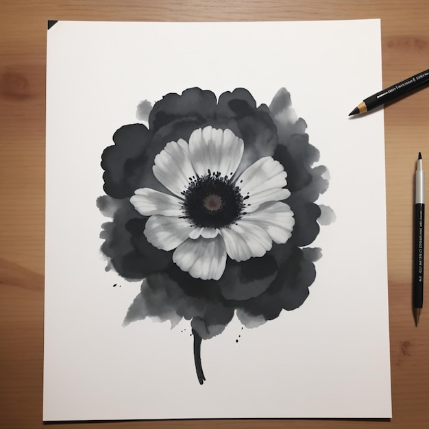 um desenho de flor preto e branco com uma caneta e uma caneta