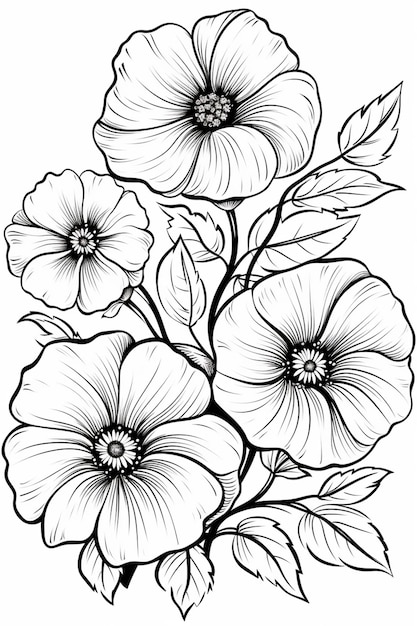 Um desenho de flores com folhas em um fundo branco