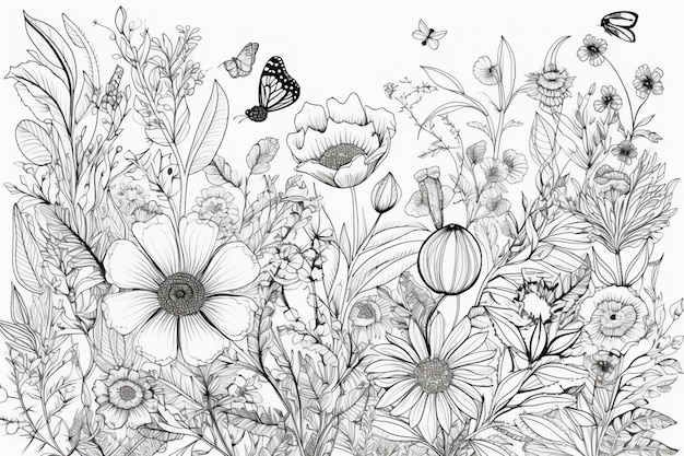 Um desenho de flores e borboletas.