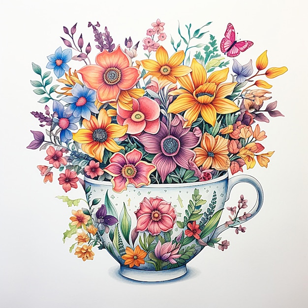 Foto um desenho de flores e folhas em um vaso com uma imagem de flores