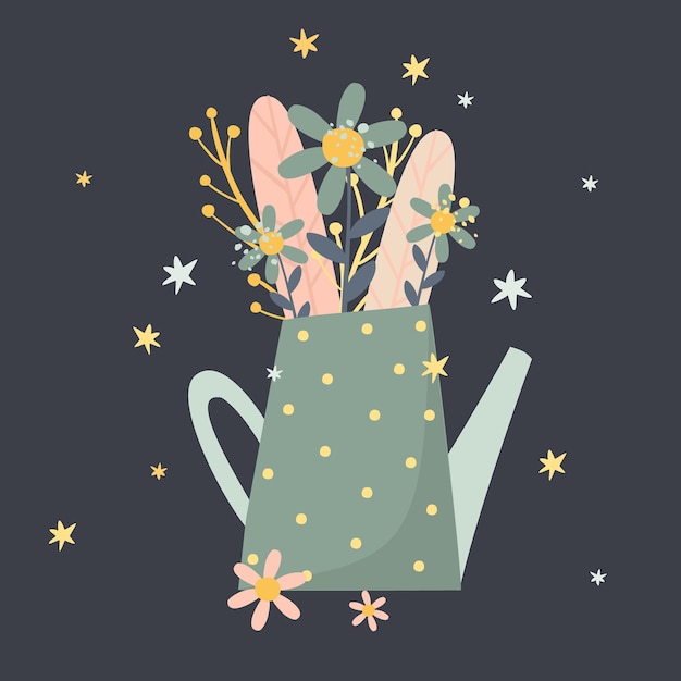 um desenho de flores e uma mão segurando uma lata de água