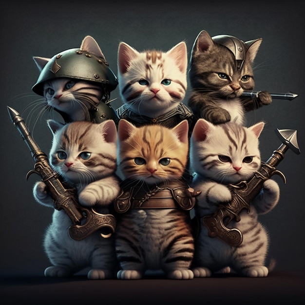 Um desenho de gatos com armas e um capacete que diz gato