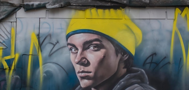 Um desenho de grafite de um homem usando um chapéu amarelo.