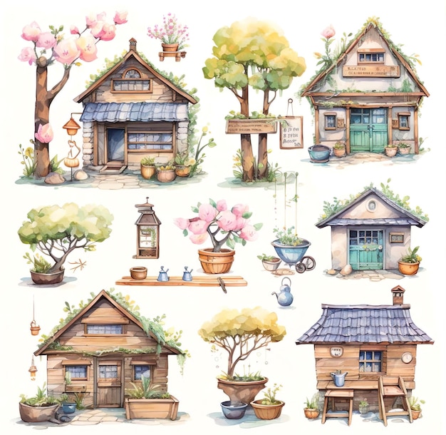 Um desenho de ilustração de uma casa com uma imagem de uma árvore e uma animação da casa