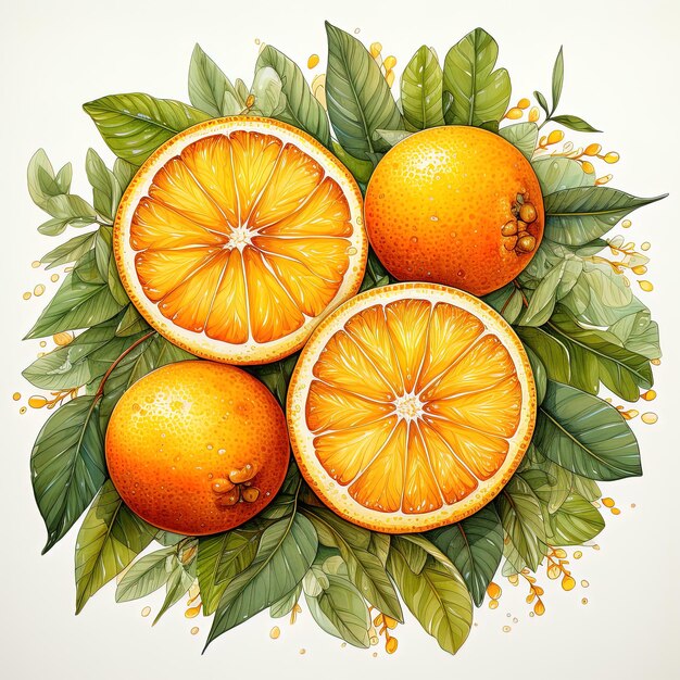 um desenho de laranjas e folhas com uma imagem de uma toranja