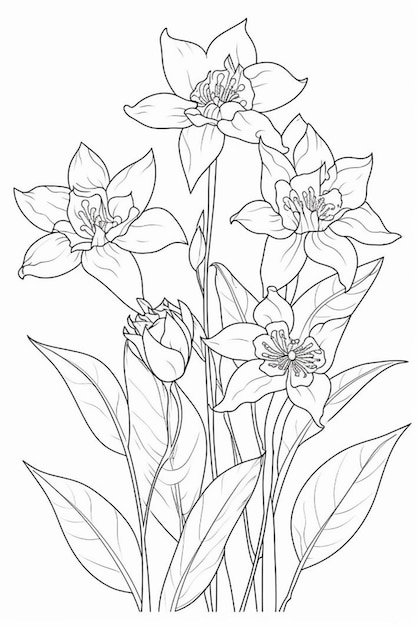 Um desenho de linha de tulipas com folhas e flores