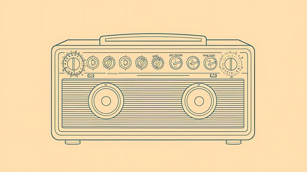 Foto um desenho de linha de um rádio vintage com uma alça na parte superior