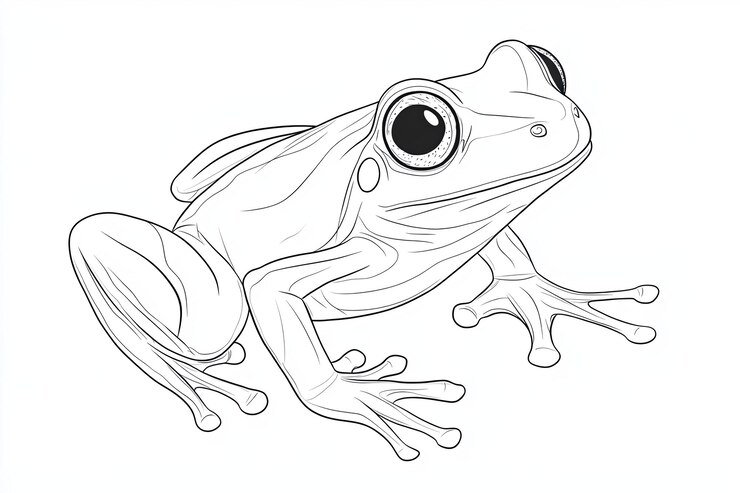 Foto um desenho de linha detalhado de um sapo voltado para o espectador com olhos grandes, pés palmeados e uma pele texturizada