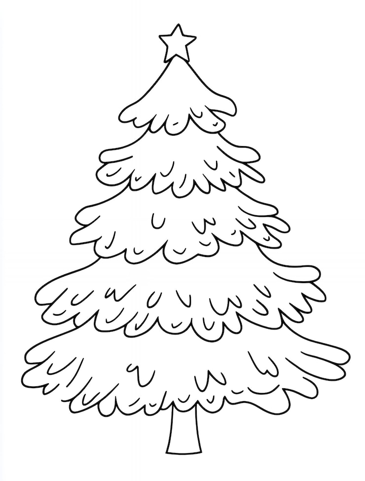 Foto um desenho de linha simples de uma árvore de natal com uma estrela no topo