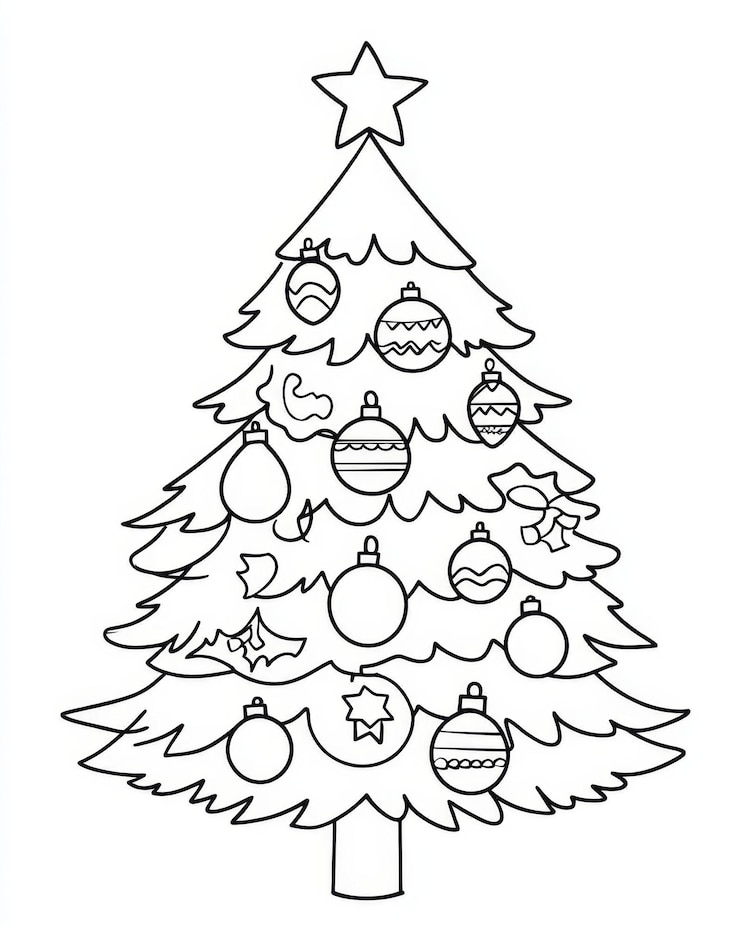 Foto um desenho de linha simples de uma árvore de natal festiva com ornamentos para as crianças colorirem e desfrutarem
