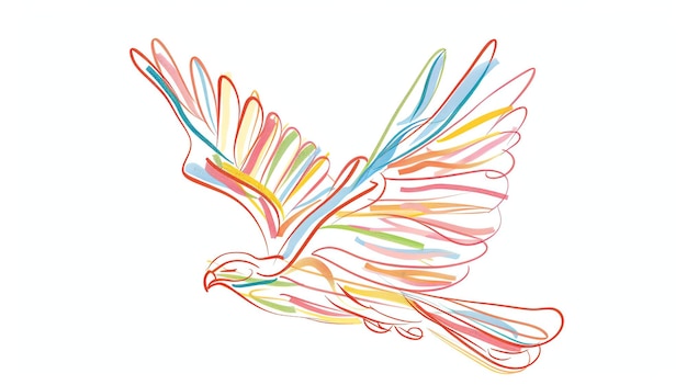 Foto um desenho de linhas multicoloridas de um falcão em voo contra um fundo branco