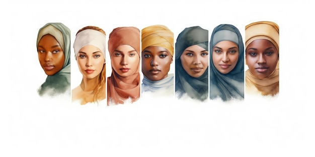 Um desenho de mulheres vestindo hijab e um lenço na cabeça
