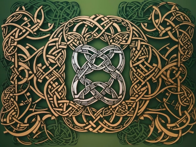 um desenho de nó celta sobre um fundo verde com uma borda dourada e uma borda preta