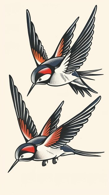 um desenho de pássaros com penas vermelhas e pretas