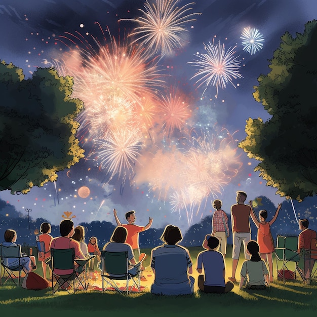 Um desenho de pessoas assistindo fogos de artifício em um parque