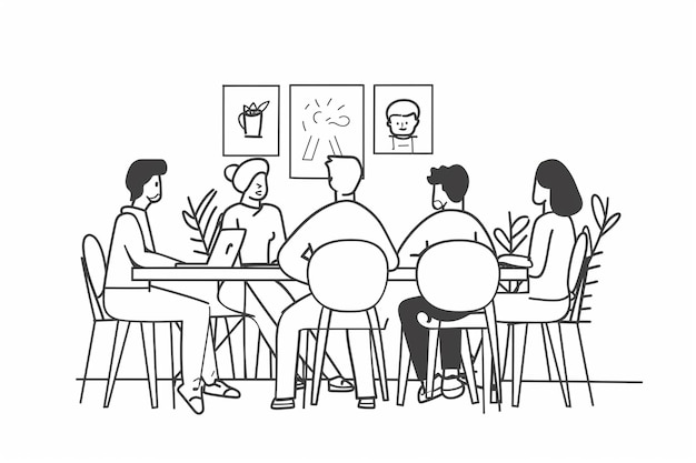 um desenho de pessoas sentadas em torno de uma mesa com uma imagem de um homem e um homem sentado em uma mesa