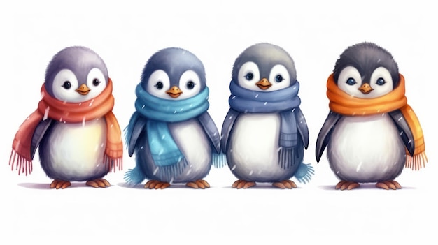 Um desenho de pinguins usando lenços e cachecóis