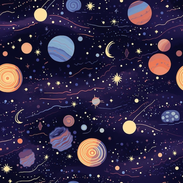 Um desenho de planetas e estrelas.