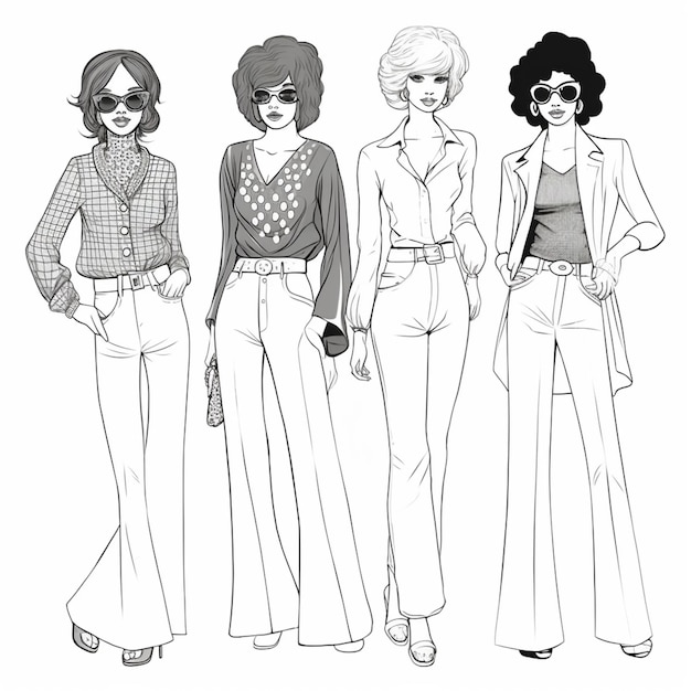 Foto um desenho de quatro mulheres em diferentes roupas generativas ai