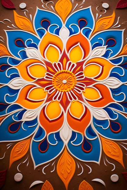 Foto um desenho de rangoli que intricadamente tece cores vibrantes em uma sinfonia de padrões conceito de celebração de diwali