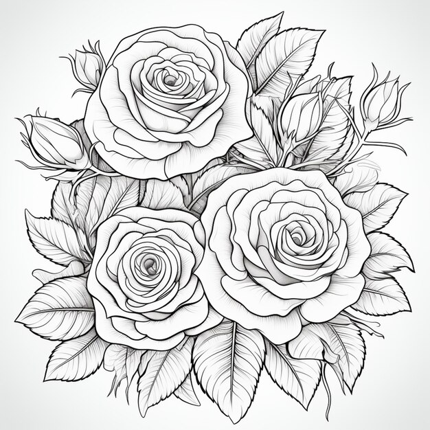 um desenho de rosas com folhas em um fundo branco ai generativo
