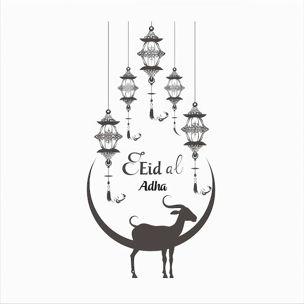 Um desenho de saudação monocromático com uma silhueta de cabra crescente e lanternas penduradas para o Eid alAdha em elegantes escalas de cinza