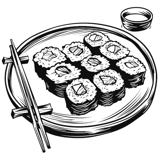 Um desenho de sushi em uma placa com um desenho de uma faca e um pedaço de sushi