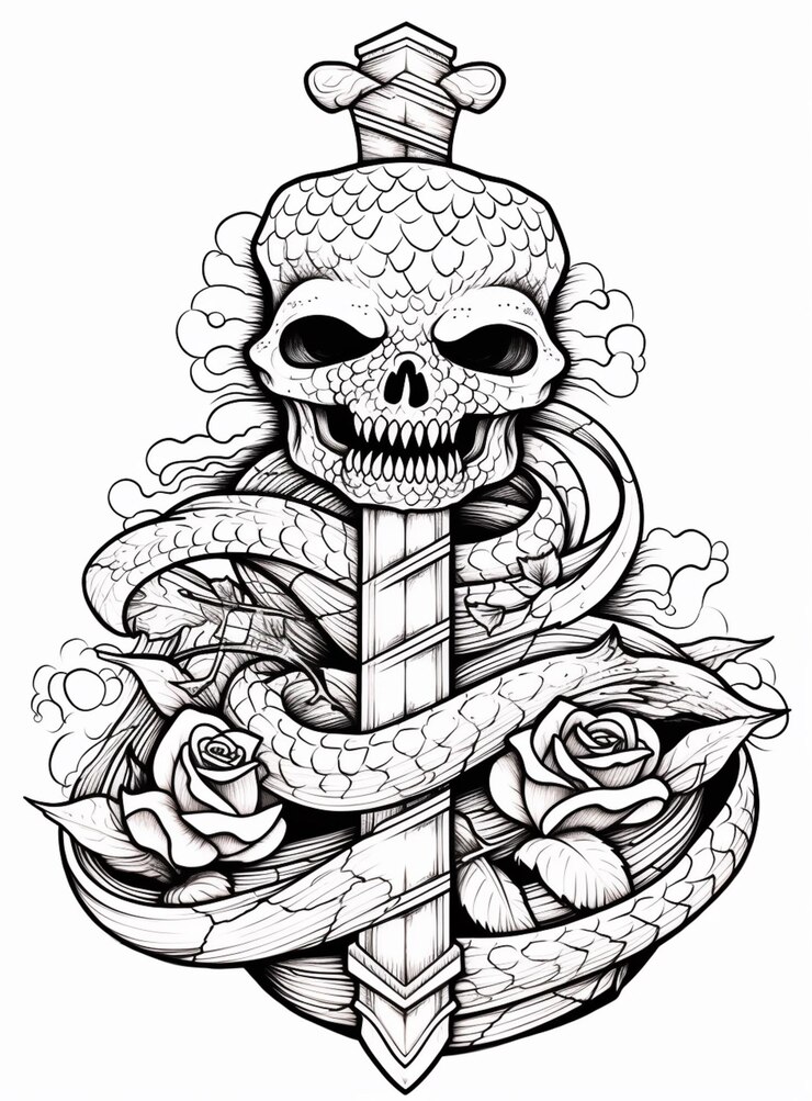 Foto um desenho de tatuagem de caveira e punhal com rosas ai generative