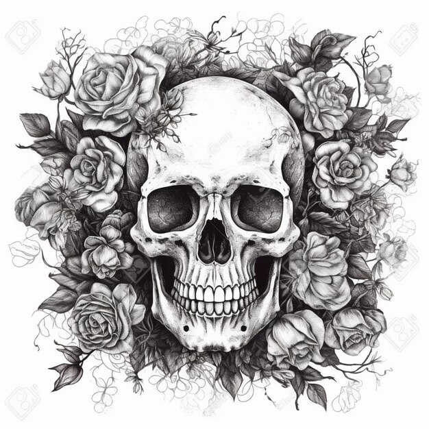 um desenho de tatuagem de crânio e rosas em um fundo branco