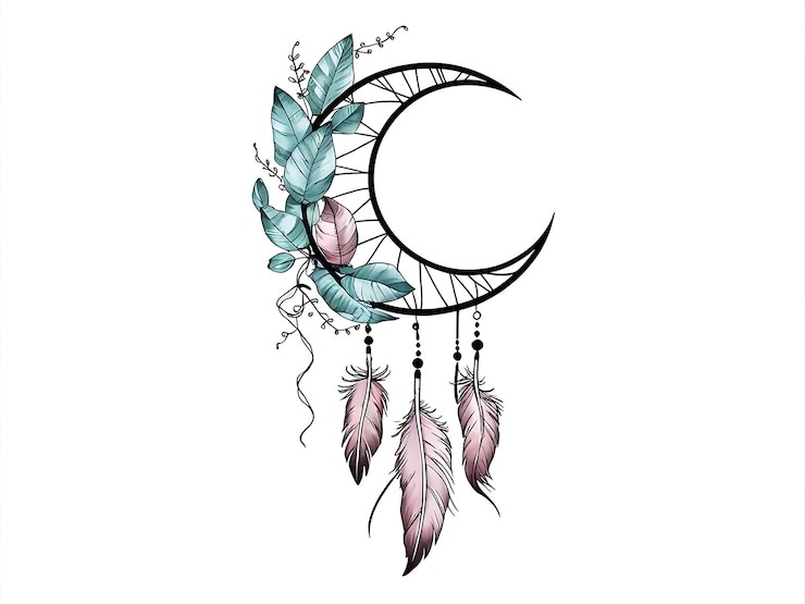 Foto um desenho de tatuagem de uma lua crescente fina com penas penduradas do fundo