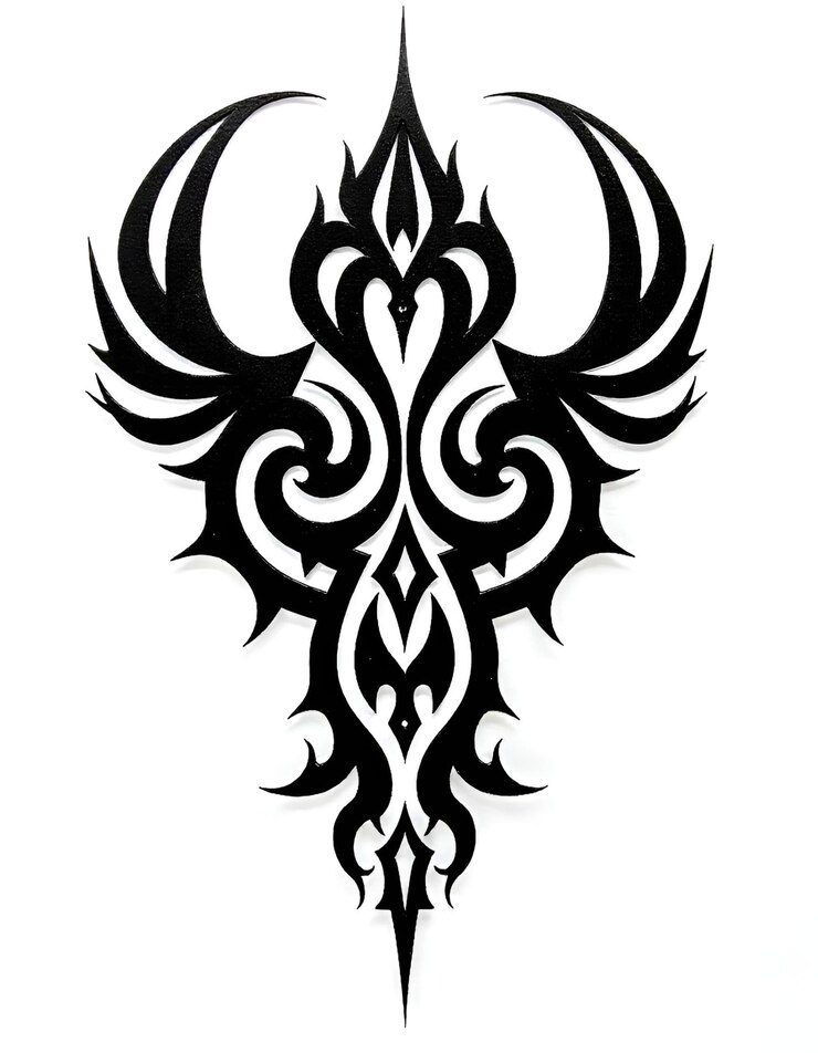 Foto um desenho de tatuagem preto e branco de um pavão com um desenho nele