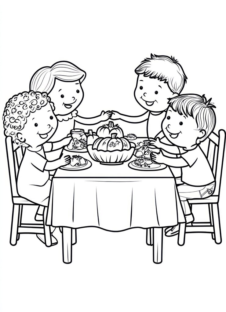 Foto um desenho de três crianças sentadas em uma mesa com uma abóbora nele