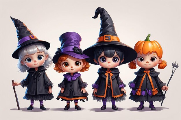 Um desenho de três crianças vestidas como personagens de Halloween