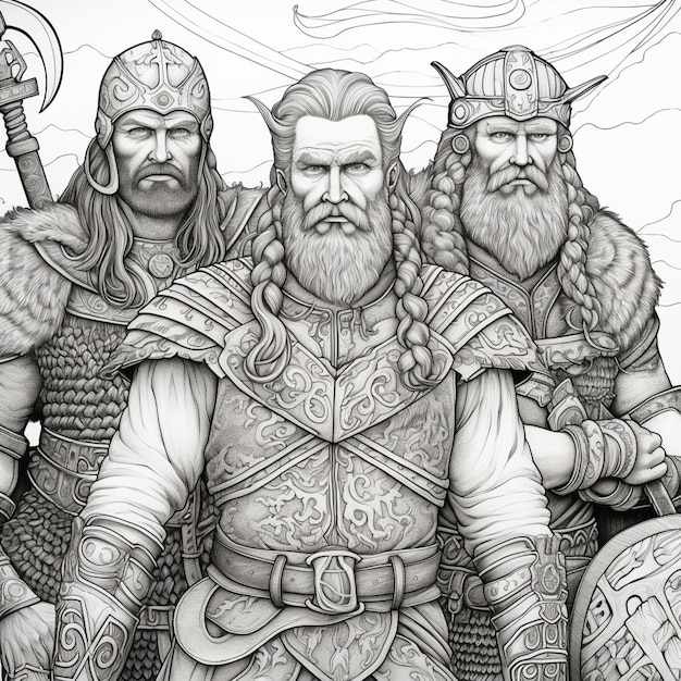 um desenho de três homens com barbas longas e capacetes IA generativa